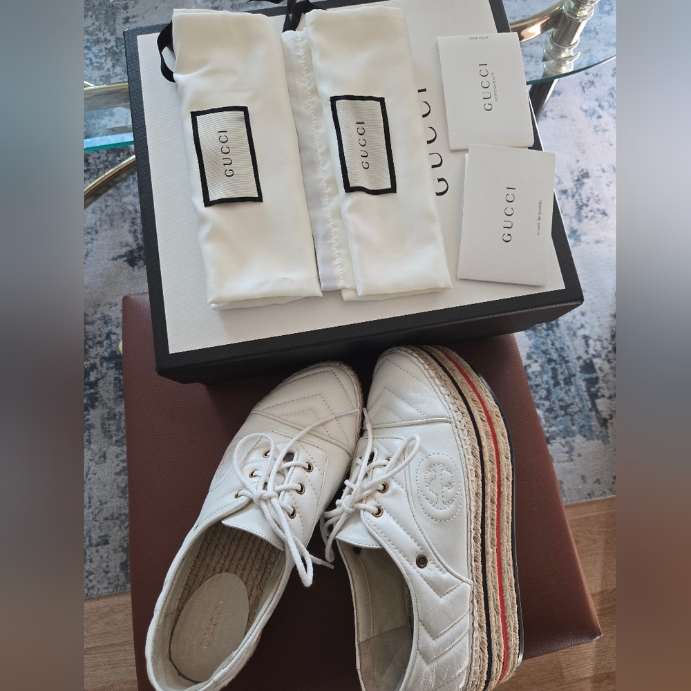 AUTHENTIC GUCCI SHOES PILAR WHITE LEATHER GG PLATFORM